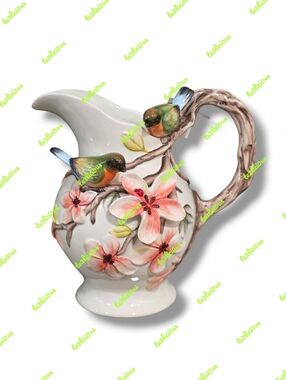BOTANICAL COLLECTION BY CORNER RUBY 3D MAGNOLIA FLOWERS & BIRD CERAMIC PITCHER